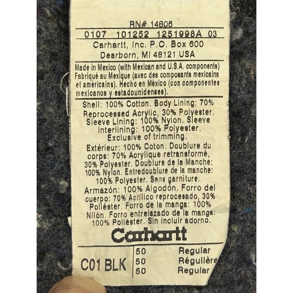 Vintage Carhartt C01 BLK Duck Chore Coat Mens 50 Black Blanket Lined Work Jacket - Picture 5 of 7